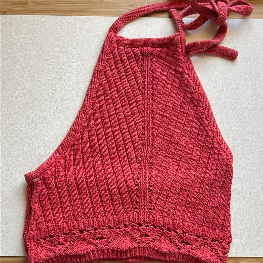 Sky and Sparrow Coral Red Knit Halter Crop Top